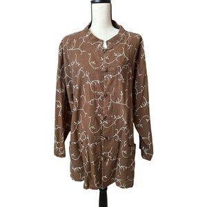 Silhouettes Brown Linen Top Cotton Embroidered Tie Knot Front Tunic Size 3X